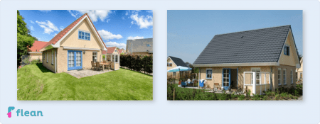 Twee foto's van twee verschillende accommodaties. De linker accommodatie staat middenin het beeld, is helder belicht en staat voor een blauwe lucht. Het huis in de rechter foto staat rechts tegen het frame in de foto, heeft meer grauwere kleuren en staat voor een grijze lucht.